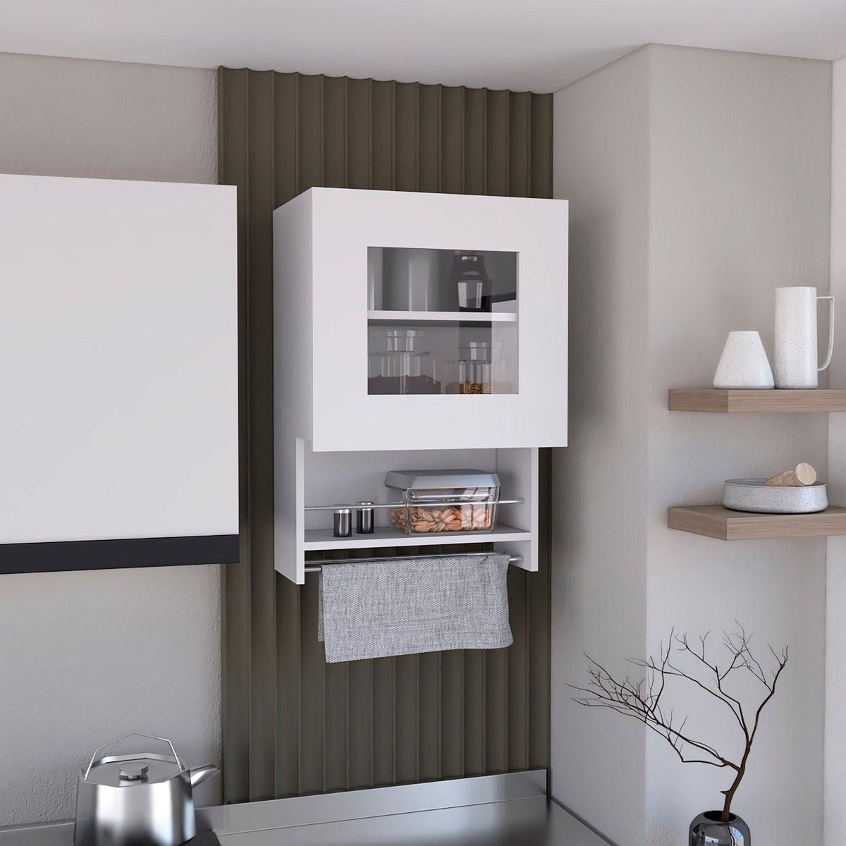 White Kitchen Wall Cabinet with Glass Door, Towel Rack, and Spice Rack