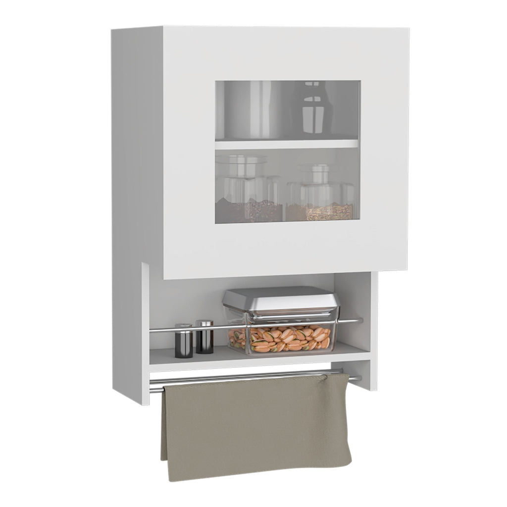 White Kitchen Wall Cabinet with Glass Door, Towel Rack, and Spice Rack