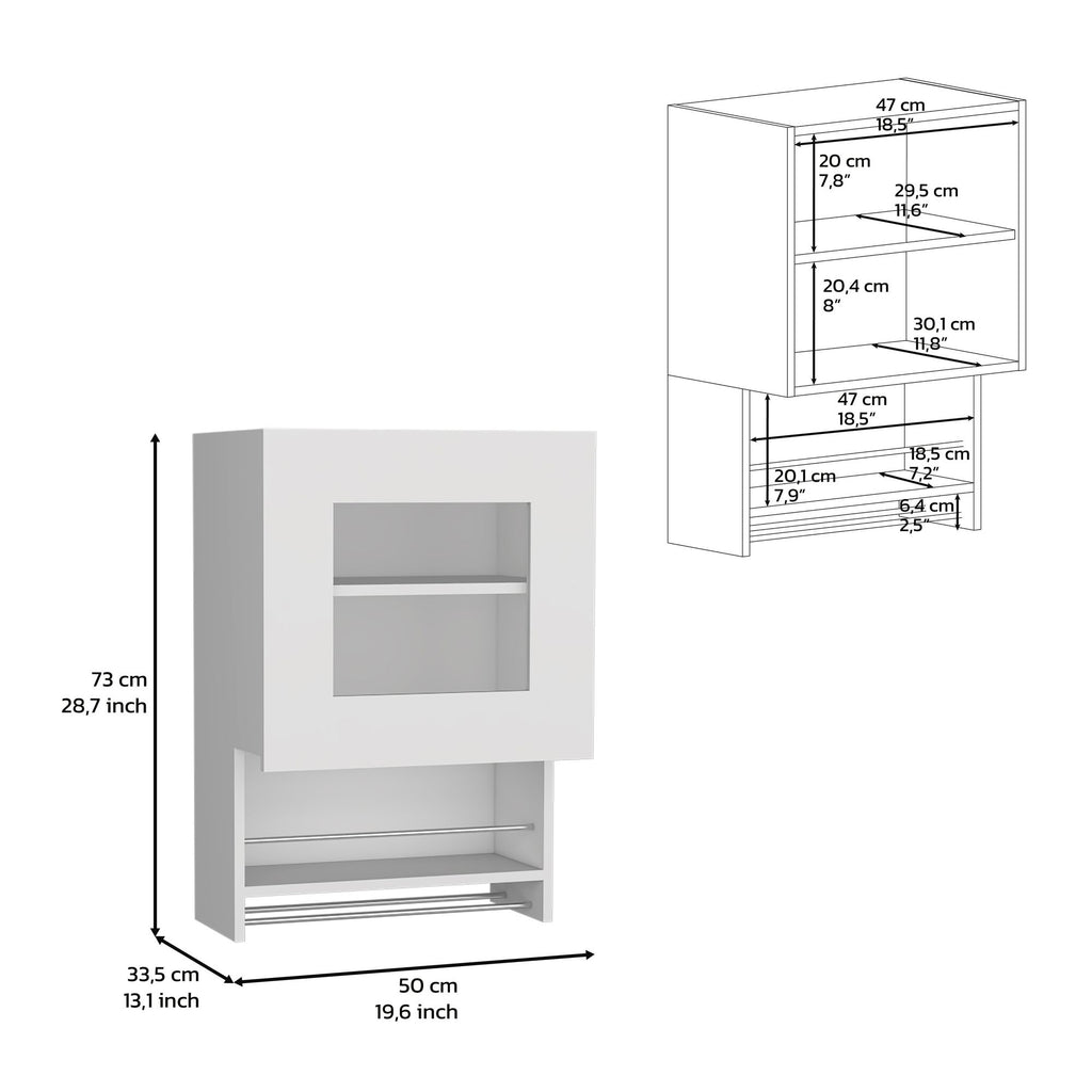 White Kitchen Wall Cabinet with Glass Door, Towel Rack, and Spice Rack