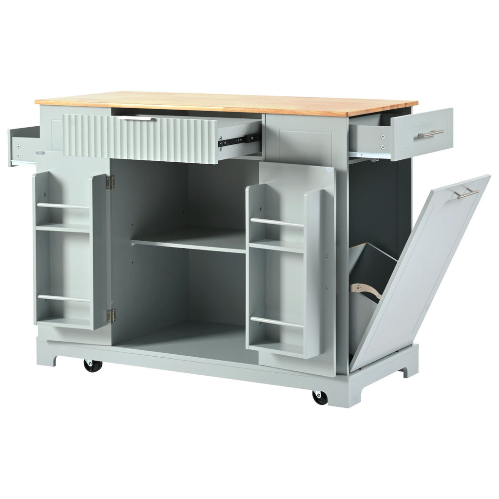 Fluted Rolling Kitchen Island with Concealed Trash Cabinet