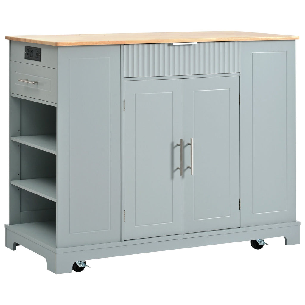 Fluted Rolling Kitchen Island with Concealed Trash Cabinet