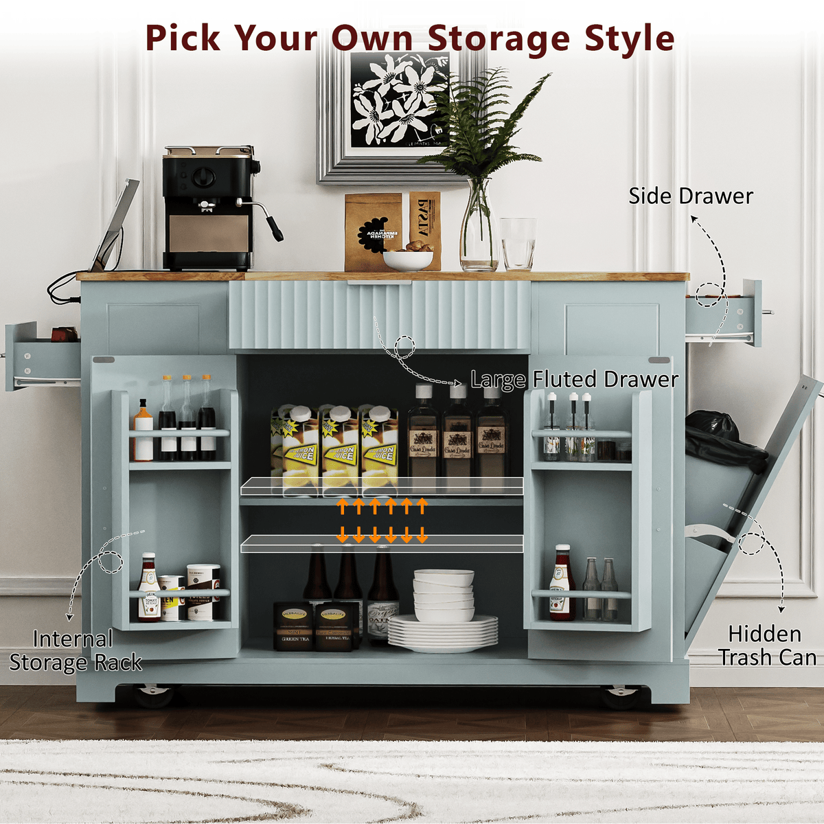 Fluted Rolling Kitchen Island with Concealed Trash Cabinet
