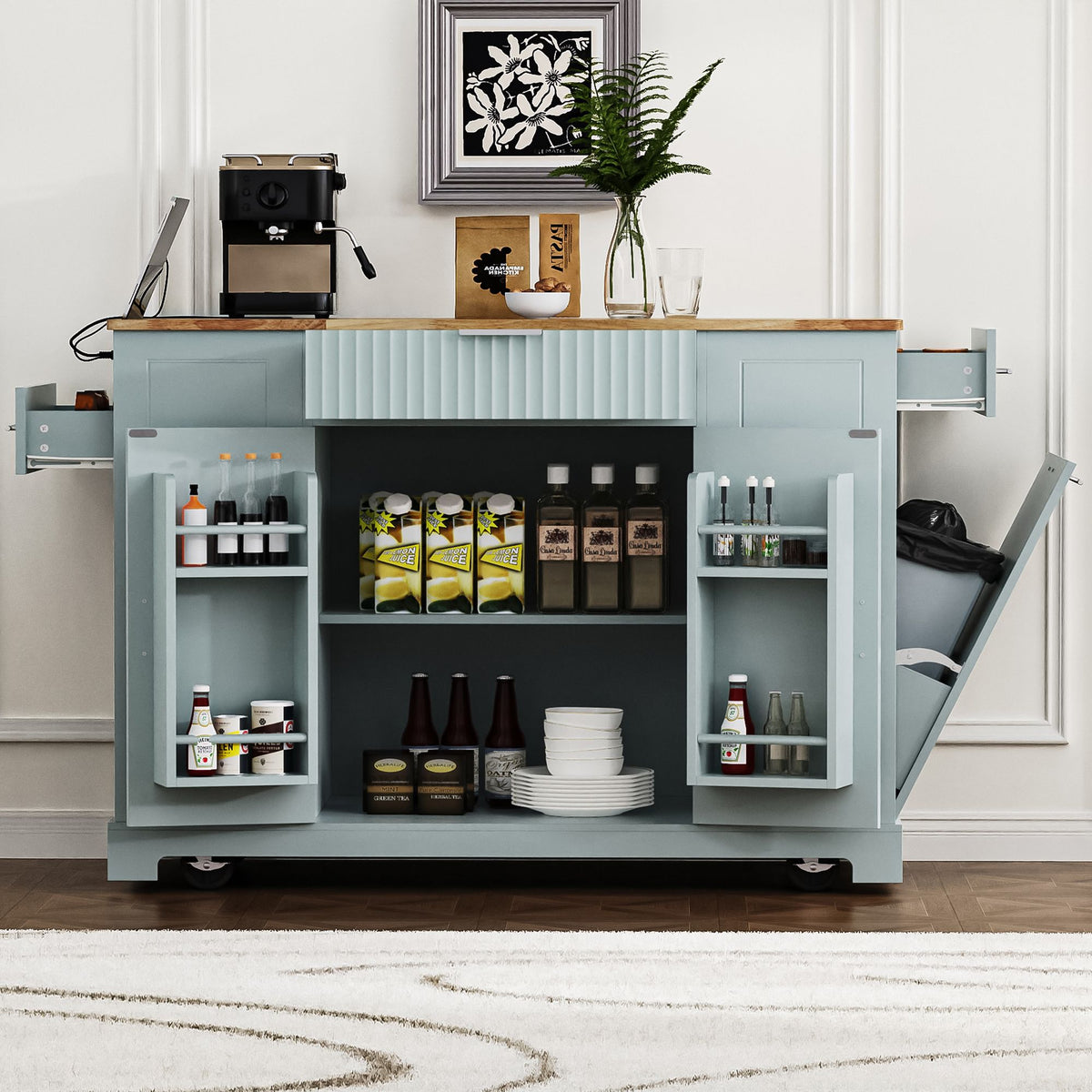 Fluted Rolling Kitchen Island with Concealed Trash Cabinet