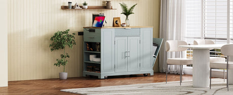 Fluted Rolling Kitchen Island with Concealed Trash Cabinet