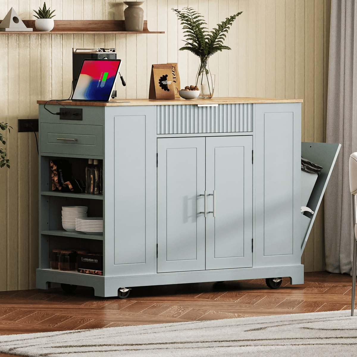 Fluted Rolling Kitchen Island with Concealed Trash Cabinet