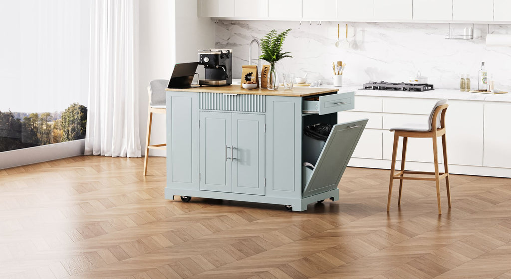 Fluted Rolling Kitchen Island with Concealed Trash Cabinet