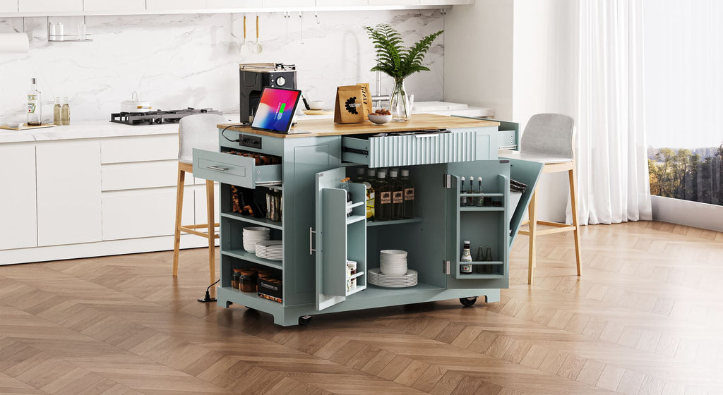 Fluted Rolling Kitchen Island with Concealed Trash Cabinet