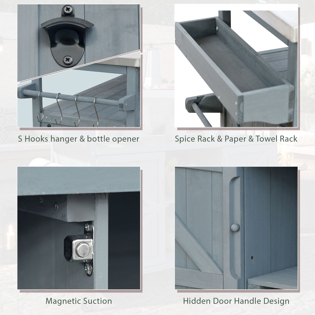 Farmhouse Outdoor Kitchen Island with Rolling Bar Cart and Storage