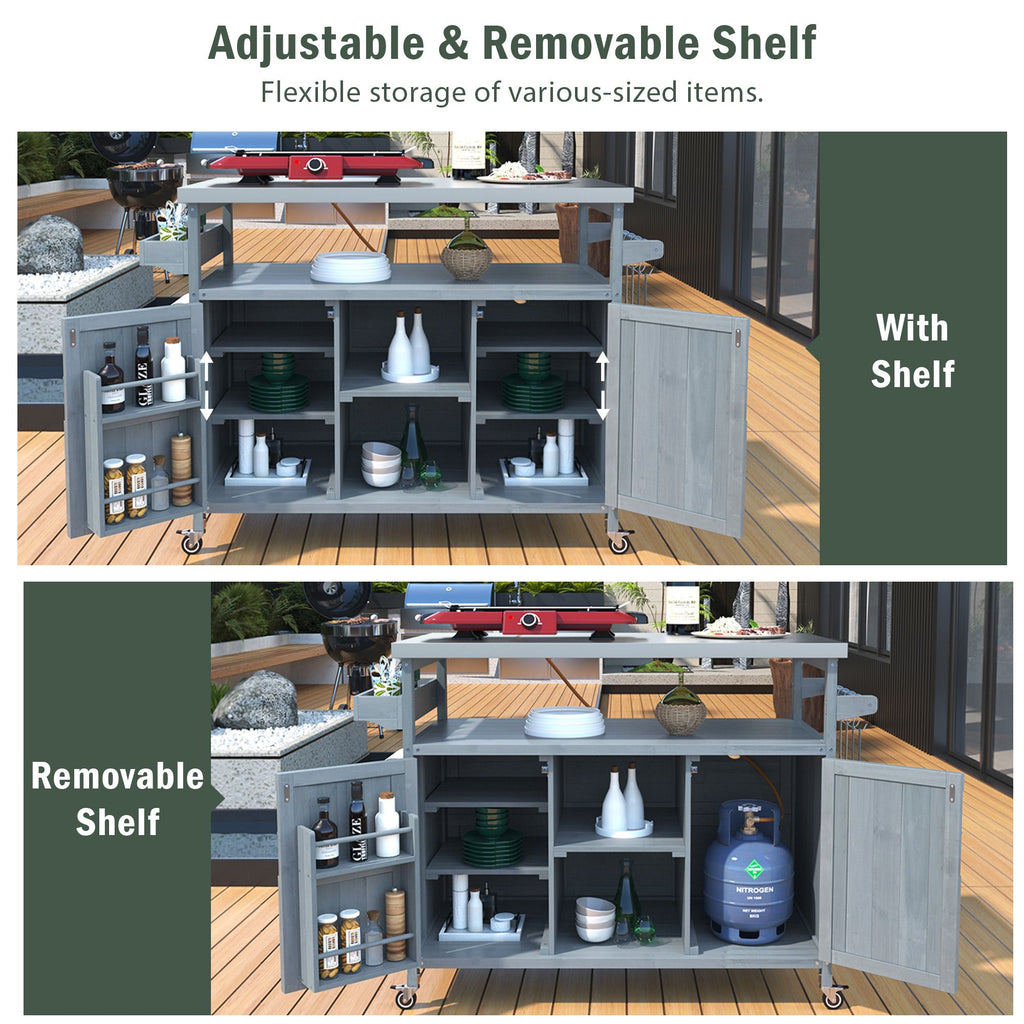 Farmhouse Outdoor Kitchen Island with Rolling Bar Cart and Storage