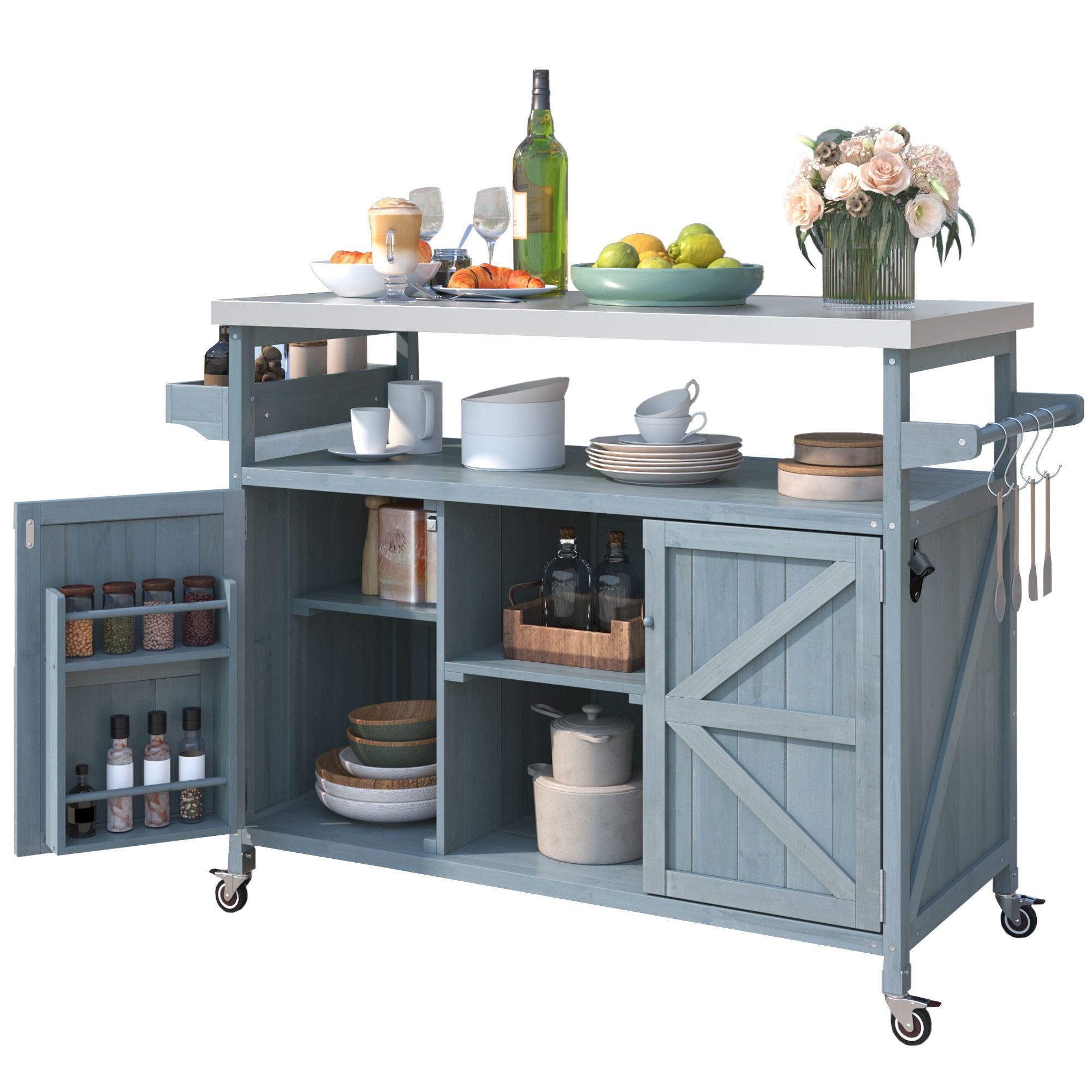 Farmhouse Outdoor Kitchen Island with Rolling Bar Cart and Storage