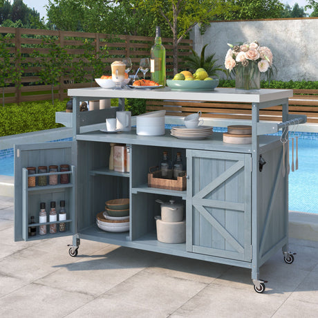 Farmhouse Outdoor Kitchen Island with Rolling Bar Cart and Storage