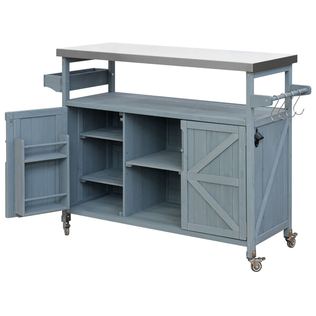 Farmhouse Outdoor Kitchen Island with Rolling Bar Cart and Storage