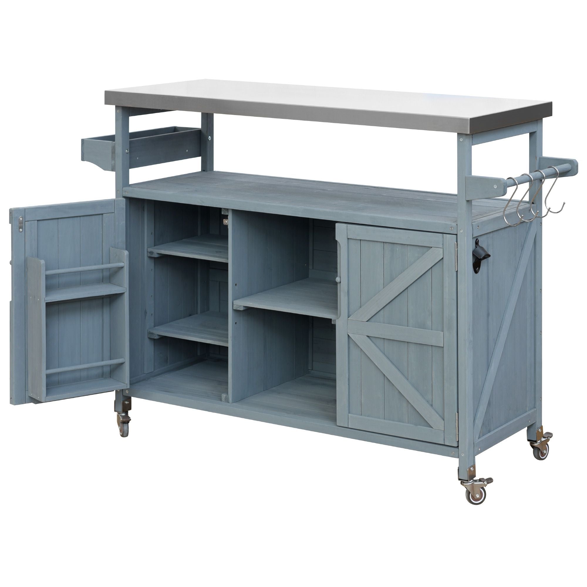 Farmhouse Outdoor Kitchen Island with Rolling Bar Cart and Storage