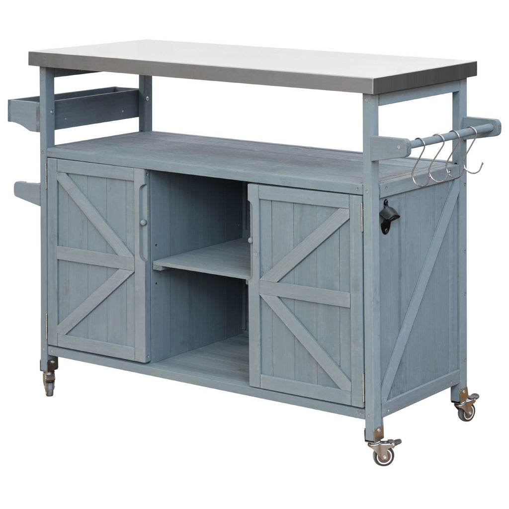 Farmhouse Outdoor Kitchen Island with Rolling Bar Cart and Storage