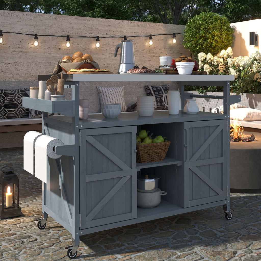 Farmhouse Outdoor Kitchen Island with Rolling Bar Cart and Storage