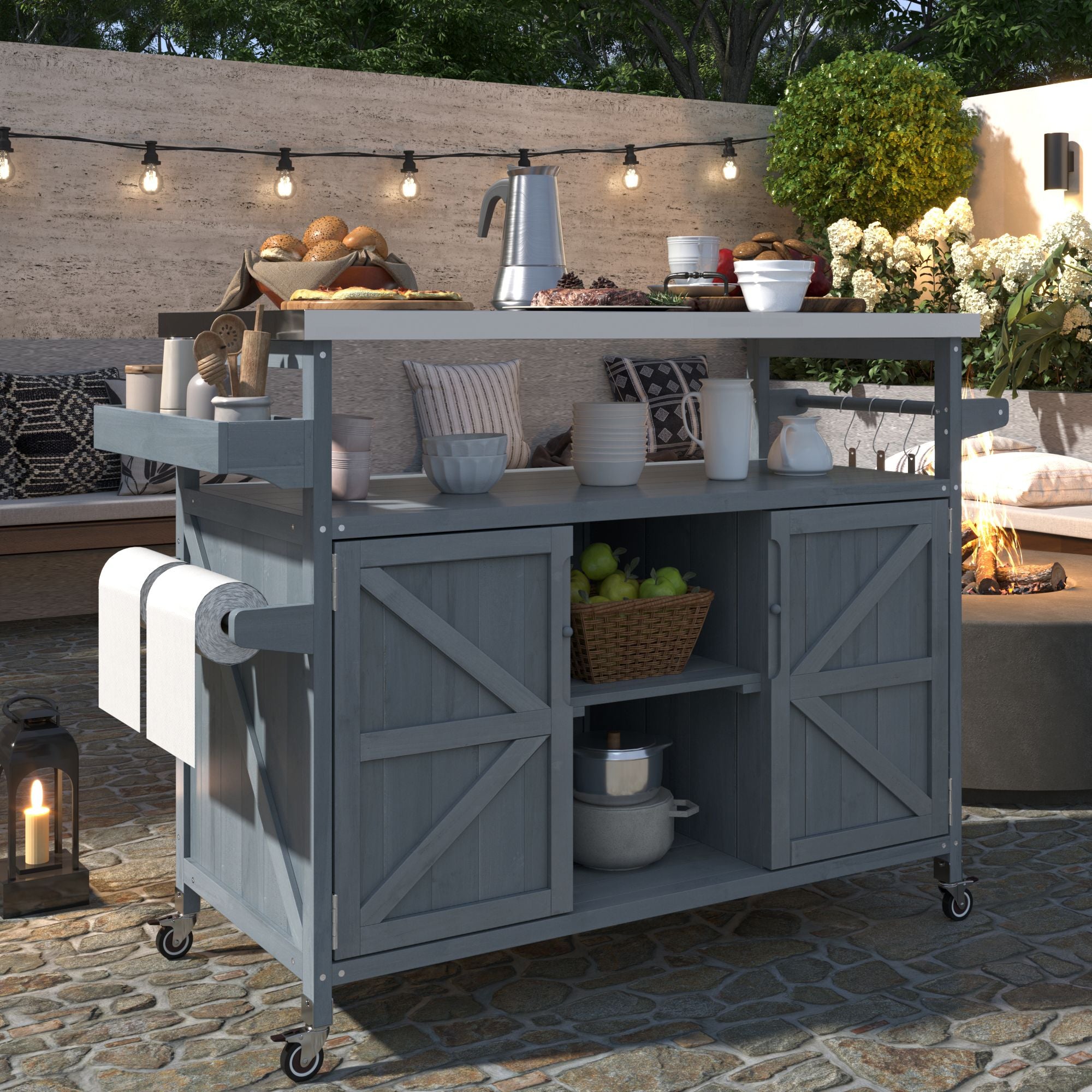 Farmhouse Outdoor Kitchen Island with Rolling Bar Cart and Storage