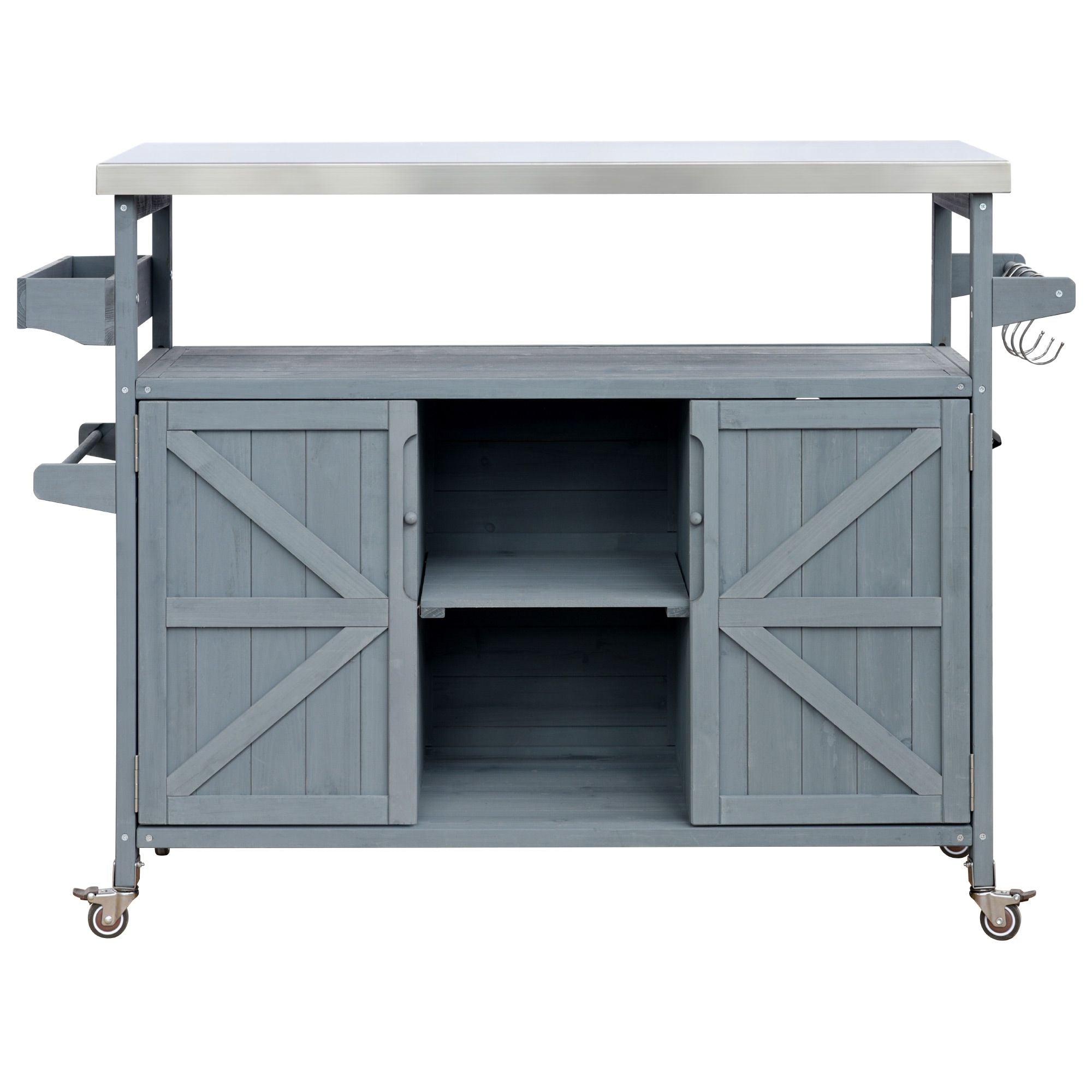 Farmhouse Outdoor Kitchen Island with Rolling Bar Cart and Storage