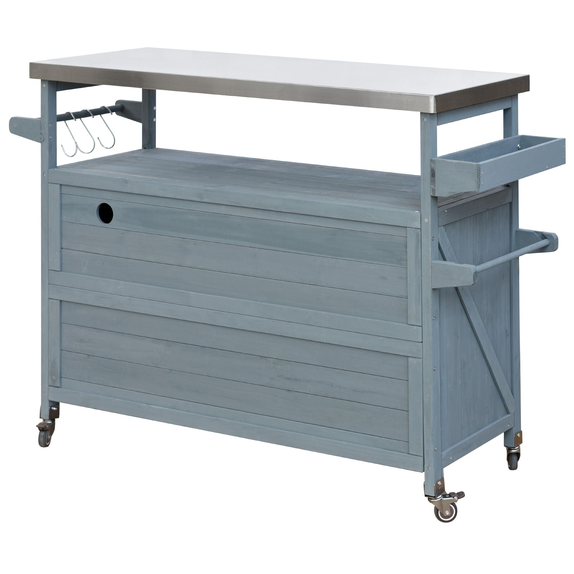 Farmhouse Outdoor Kitchen Island with Rolling Bar Cart and Storage