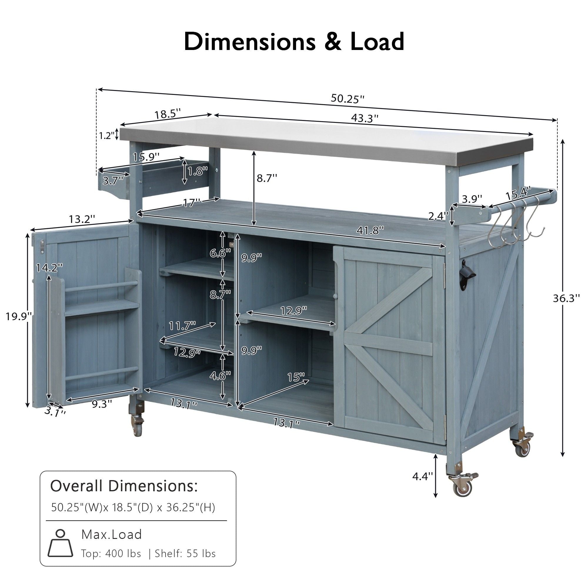 Farmhouse Outdoor Kitchen Island with Rolling Bar Cart and Storage