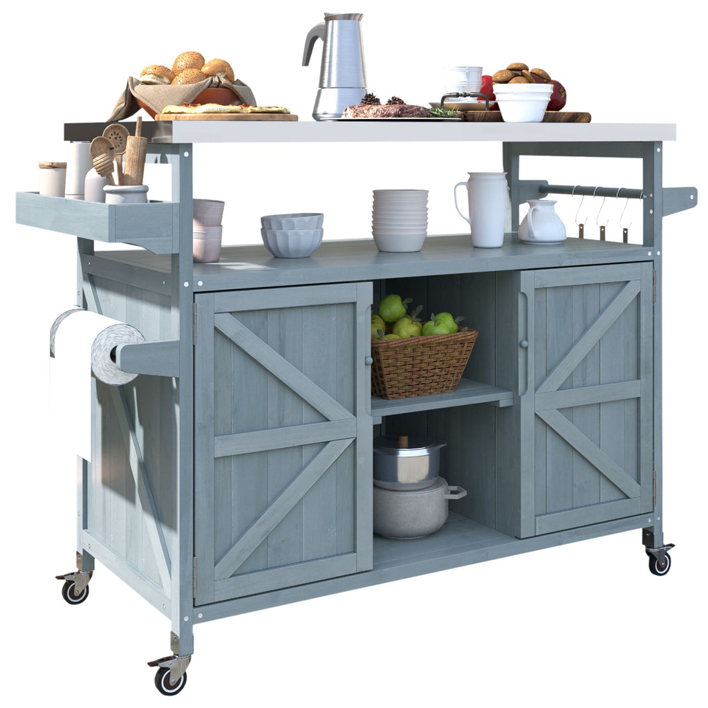 Farmhouse Outdoor Kitchen Island with Rolling Bar Cart and Storage