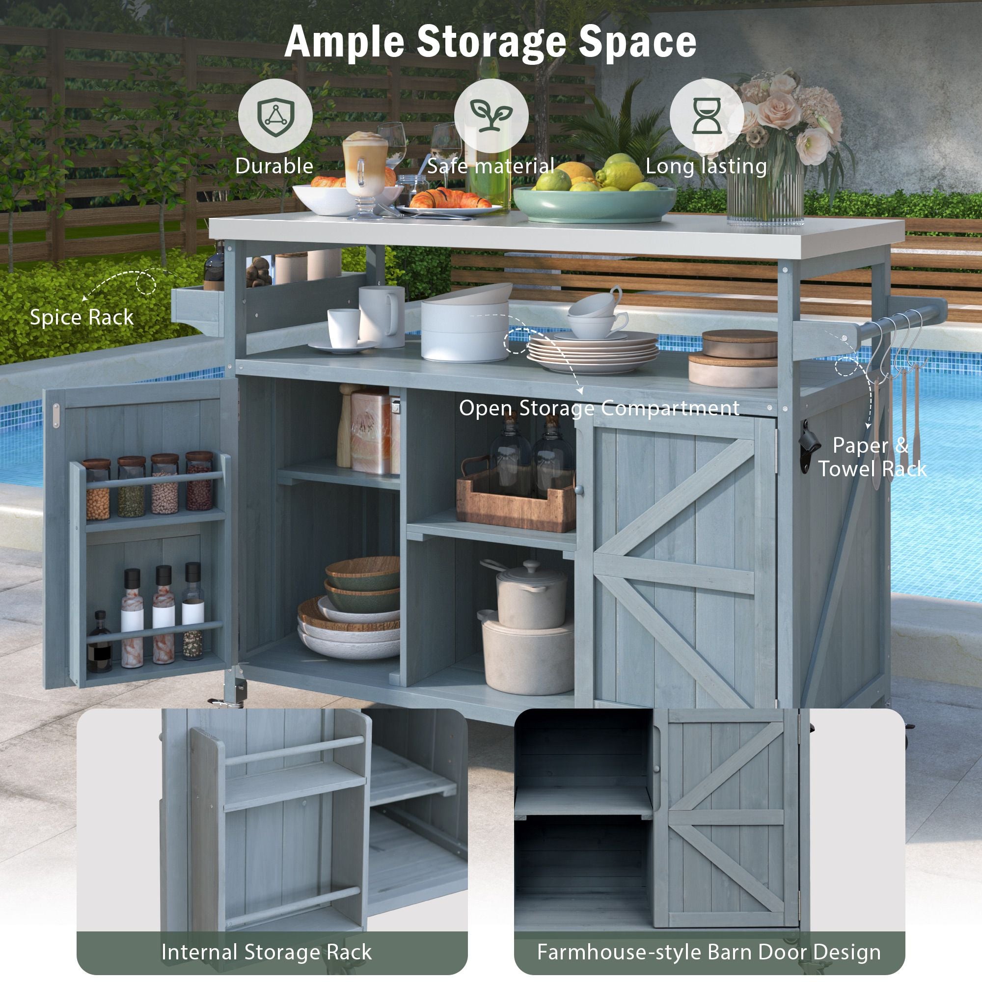 Farmhouse Outdoor Kitchen Island with Rolling Bar Cart and Storage