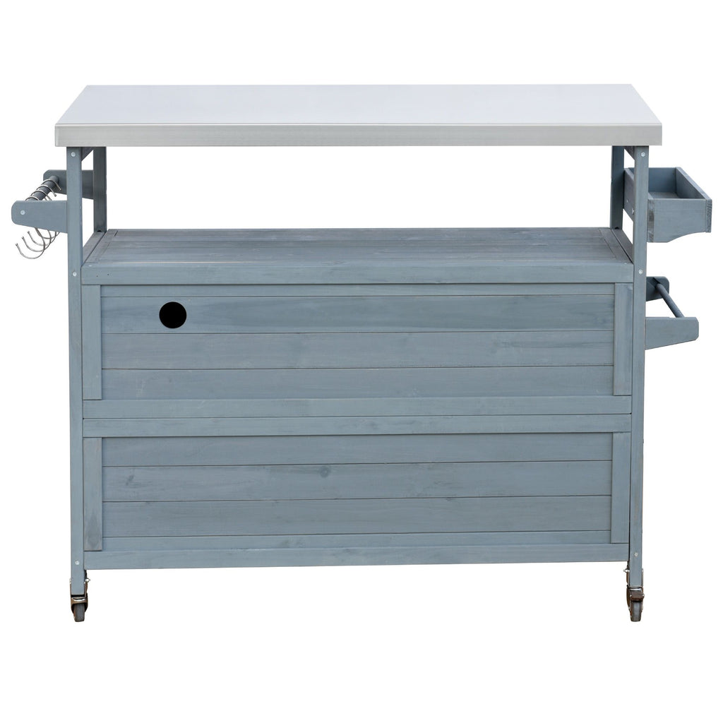 Farmhouse Outdoor Kitchen Island with Rolling Bar Cart and Storage