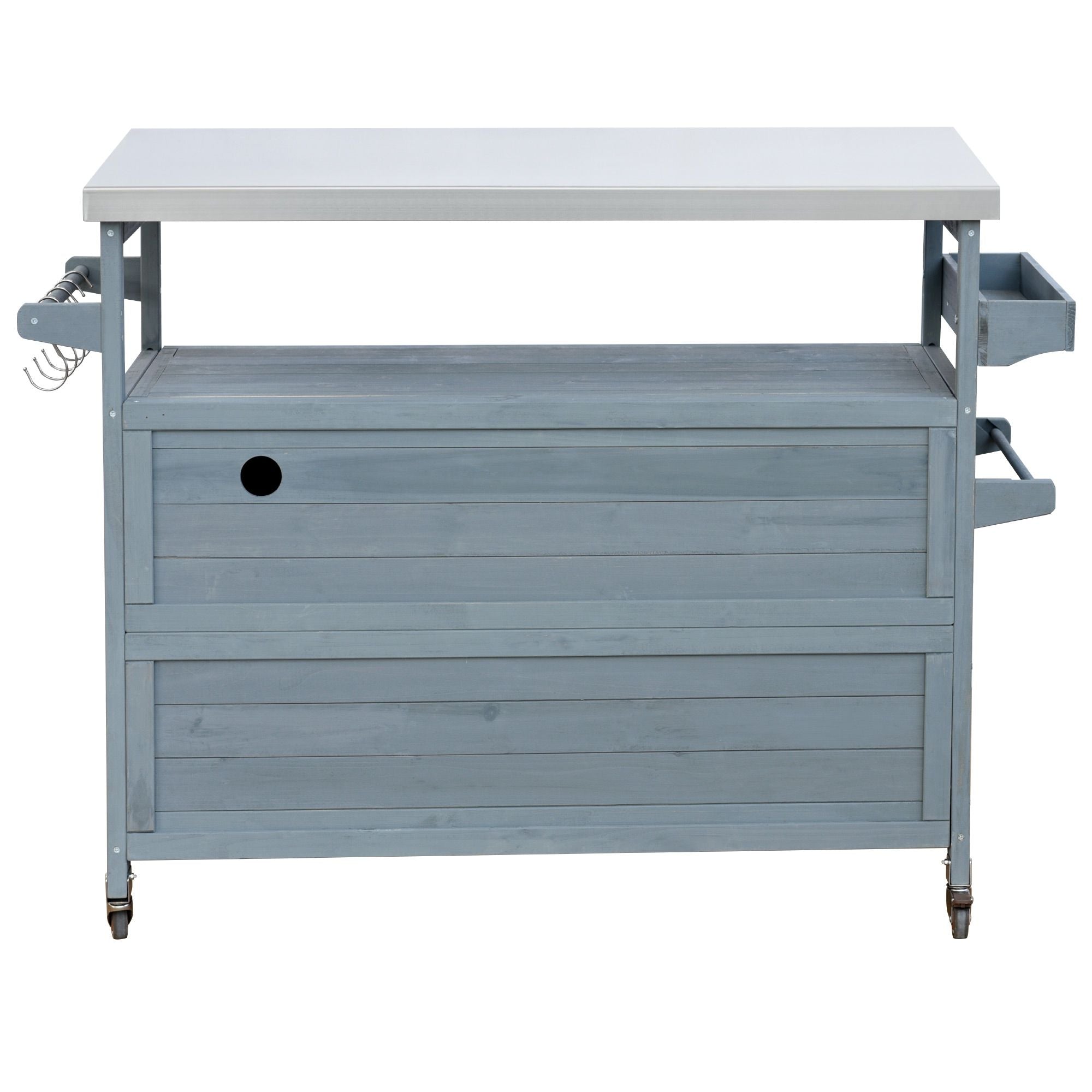 Farmhouse Outdoor Kitchen Island with Rolling Bar Cart and Storage