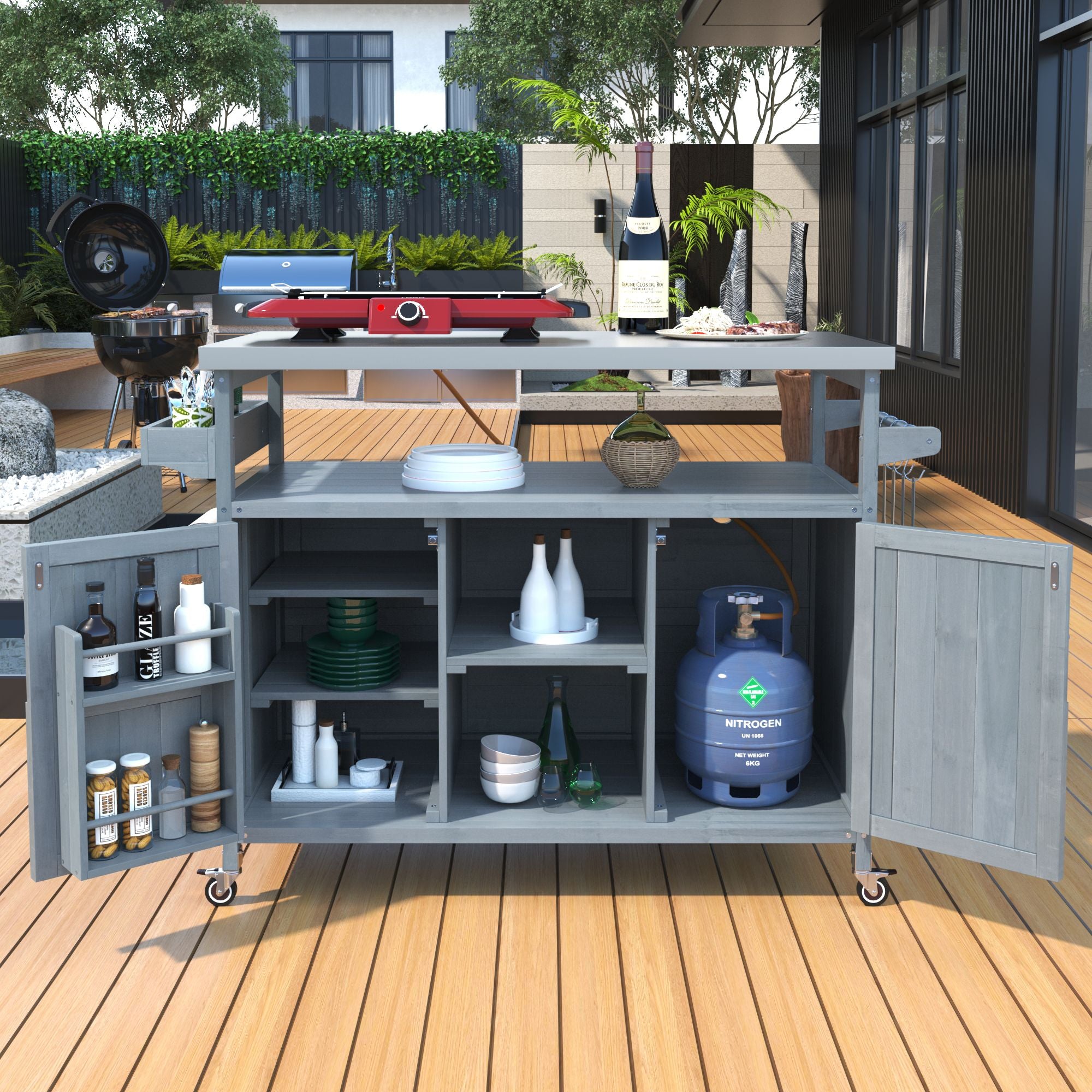 Farmhouse Outdoor Kitchen Island with Rolling Bar Cart and Storage