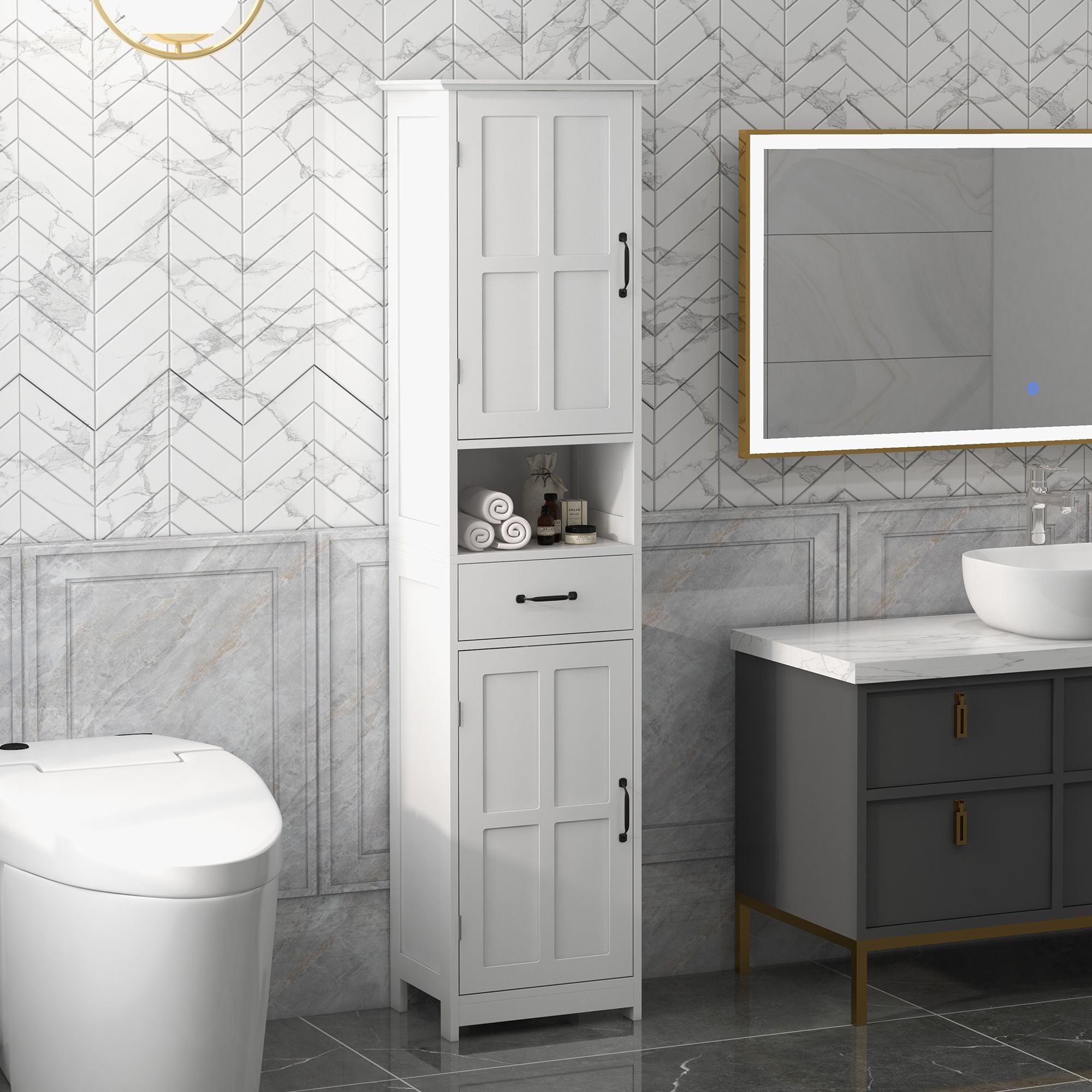 Tall Slim Bathroom Storage Cabinet with Adjustable Shelves and Sliding Drawer