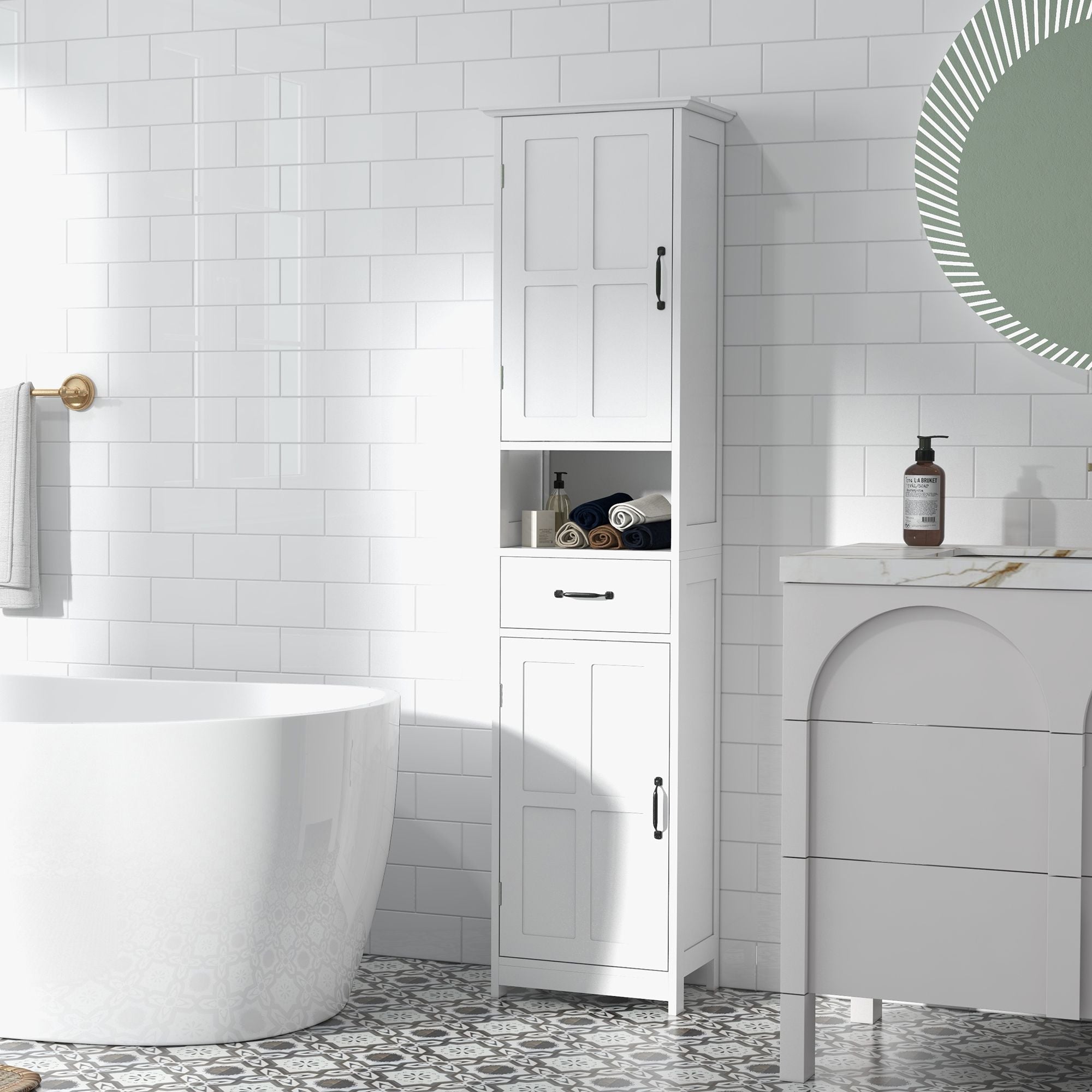 Tall Slim Bathroom Storage Cabinet with Adjustable Shelves and Sliding Drawer