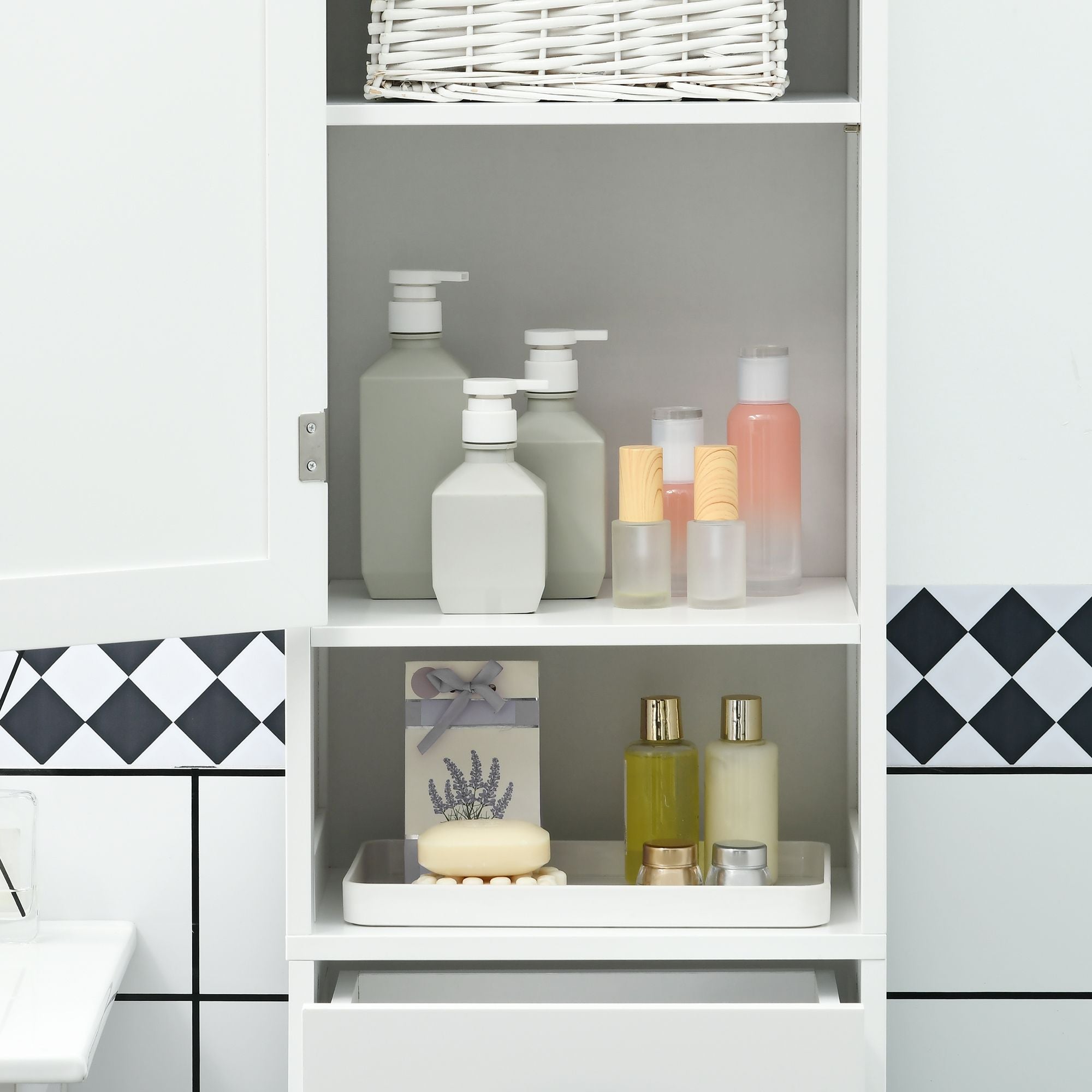 Tall Slim Bathroom Storage Cabinet with Adjustable Shelves and Sliding Drawer