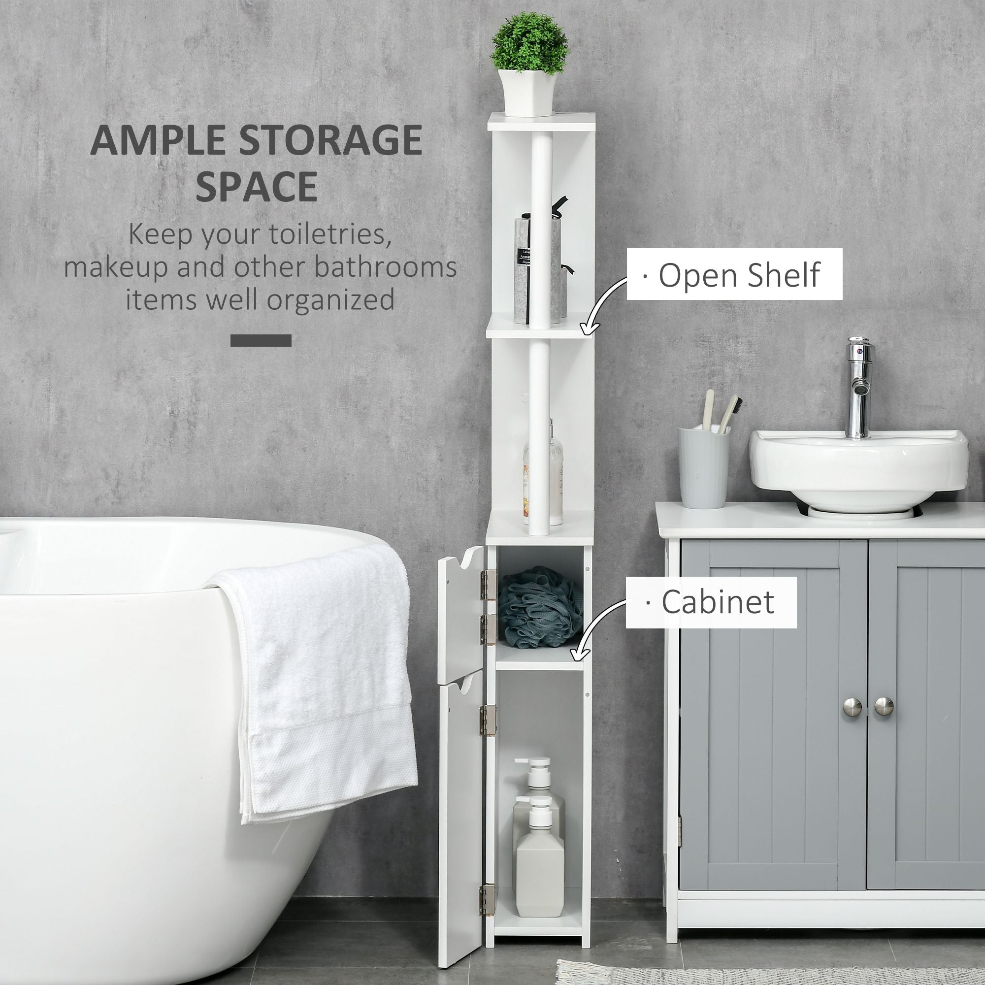 Slim Bathroom Linen Tower with Open and Concealed Storage