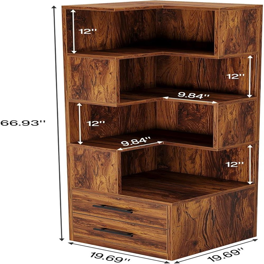 Five-Tier L-Shaped Corner Bookcase with Two Drawers