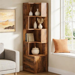 Five-Tier L-Shaped Corner Bookcase with Two Drawers