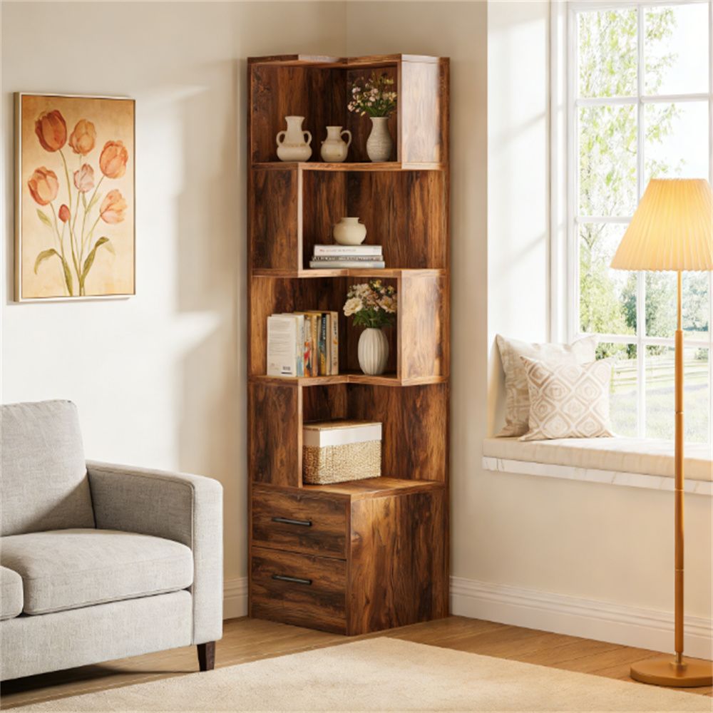 Five-Tier L-Shaped Corner Bookcase with Two Drawers