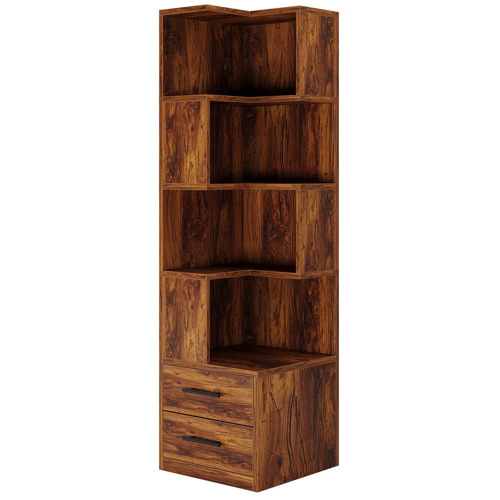 Five-Tier L-Shaped Corner Bookcase with Two Drawers