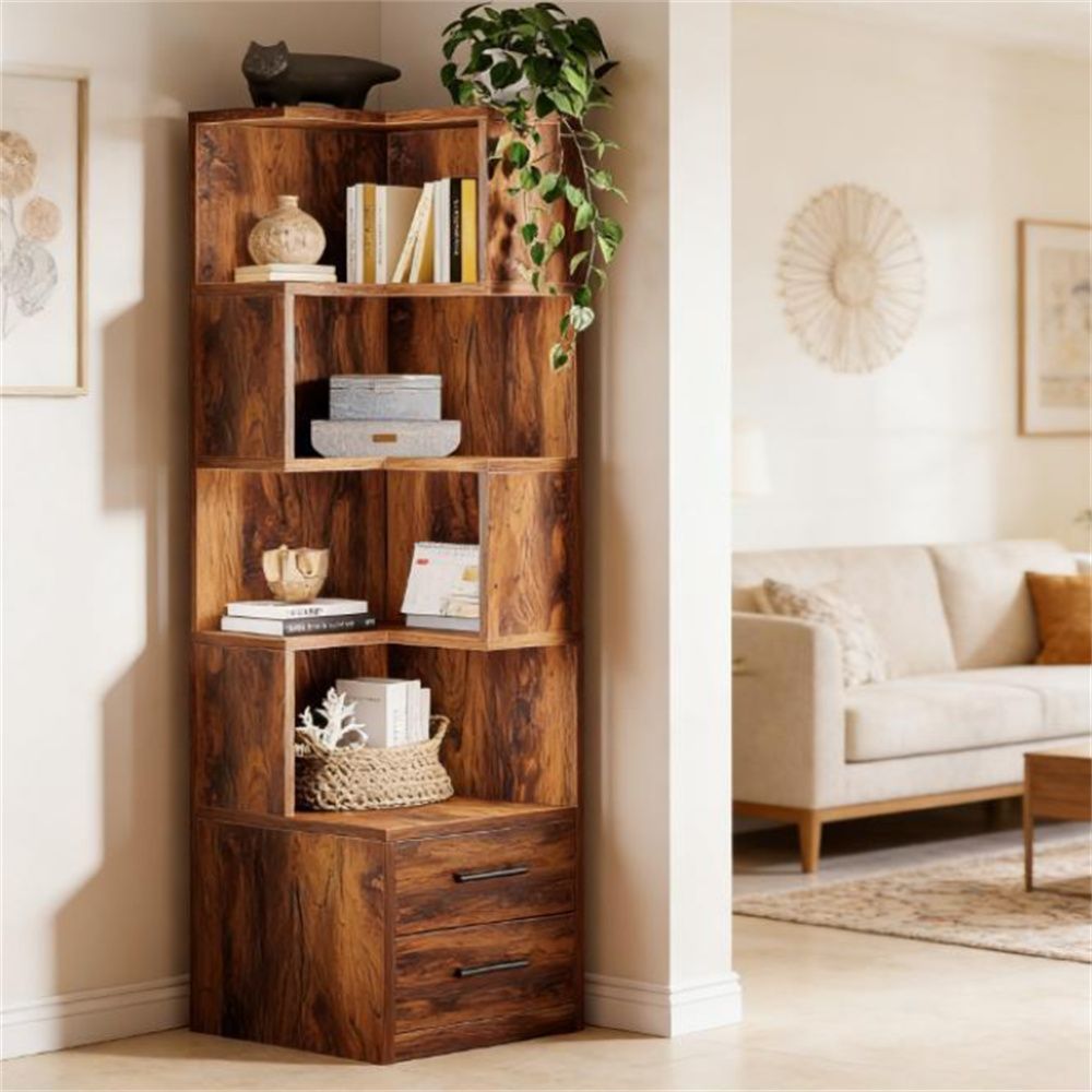 Five-Tier L-Shaped Corner Bookcase with Two Drawers