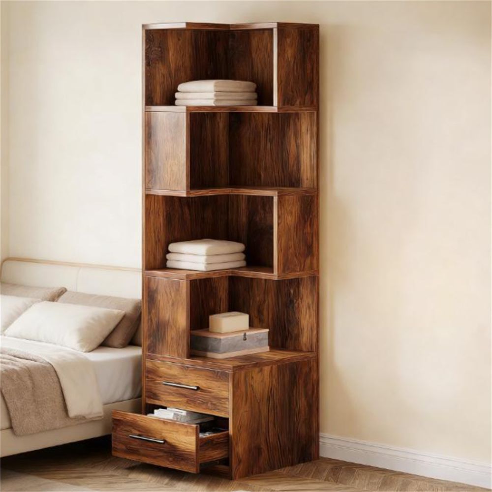 Five-Tier L-Shaped Corner Bookcase with Two Drawers