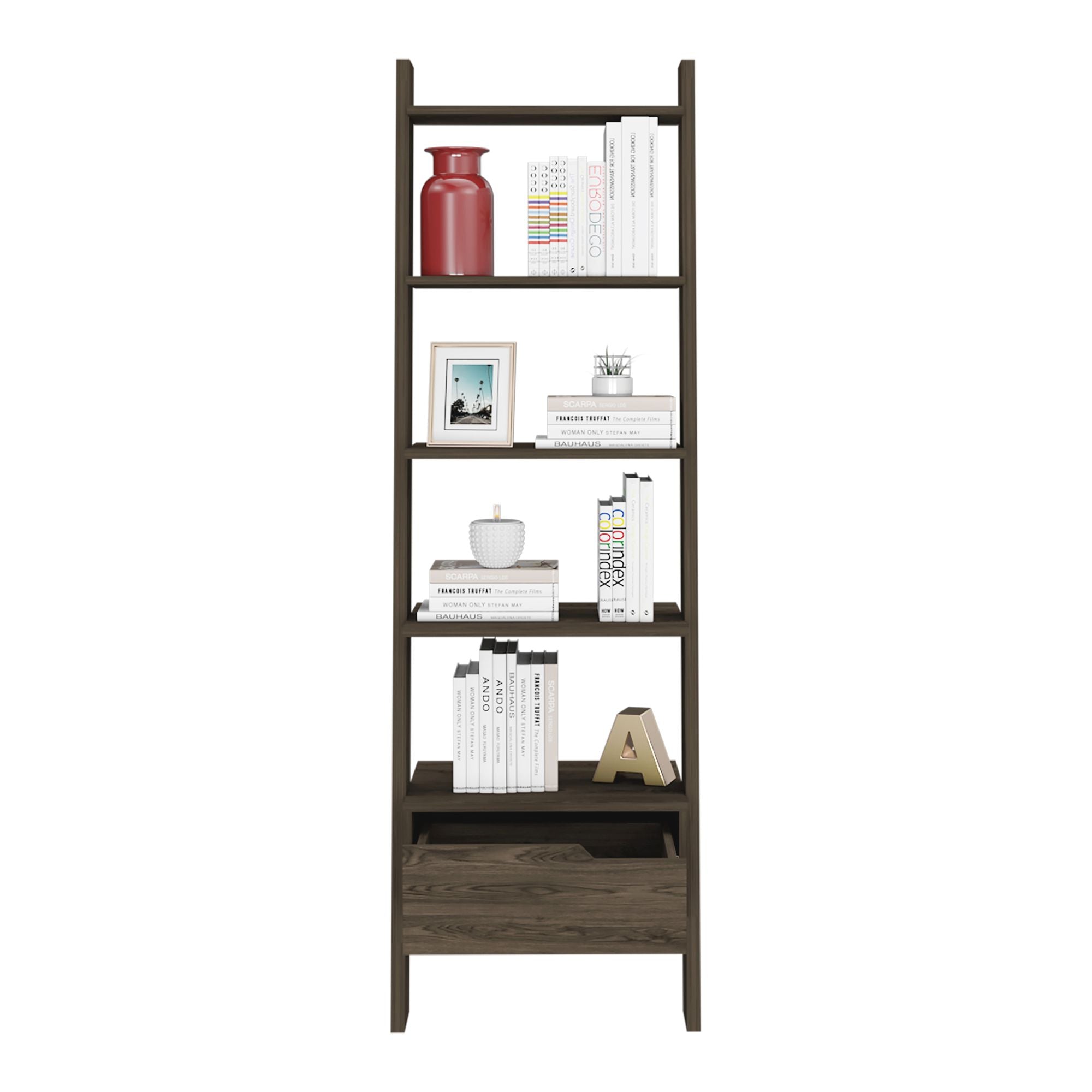 Kobe Ladder Bookcase with Five Open Shelves and Drawer