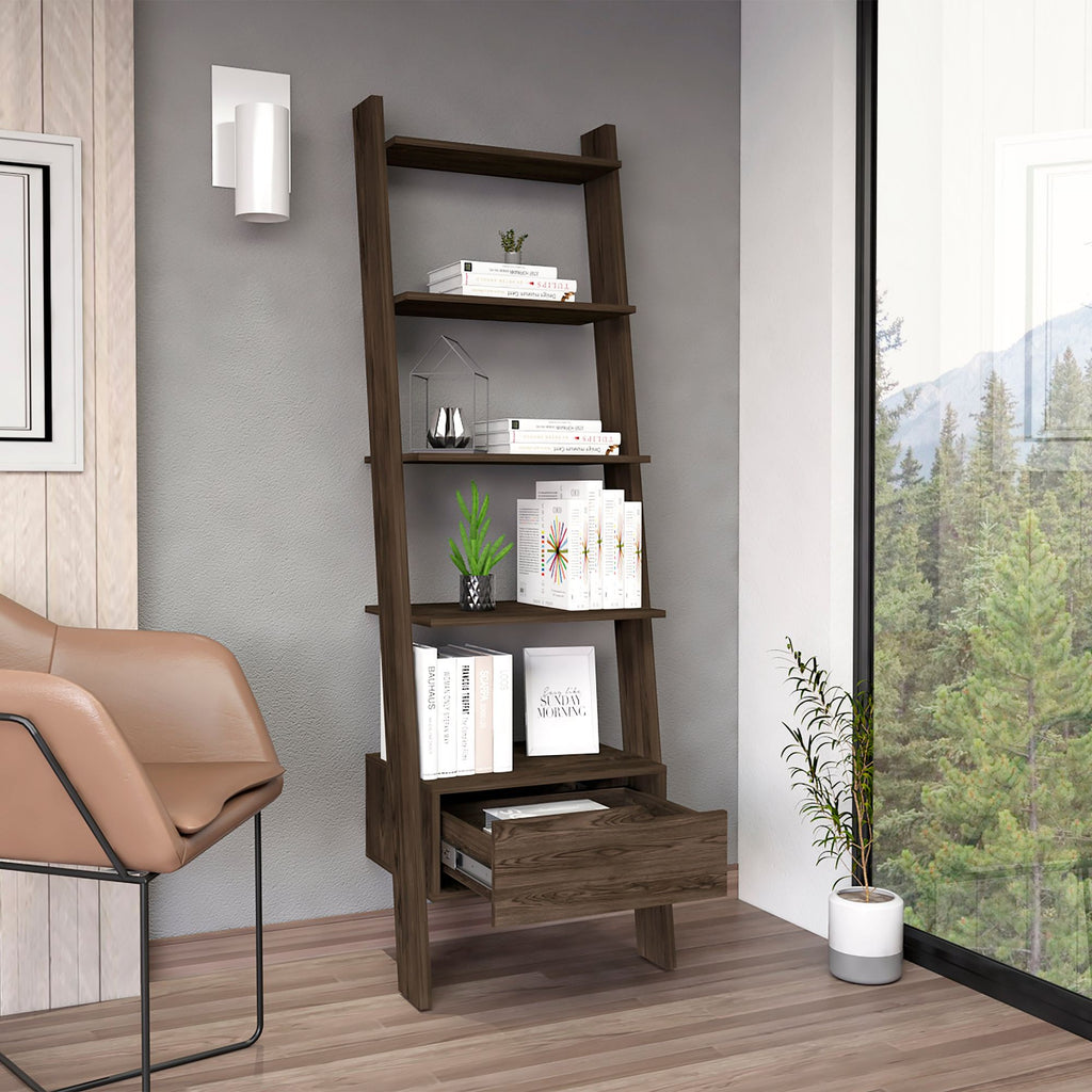 Kobe Ladder Bookcase with Five Open Shelves and Drawer