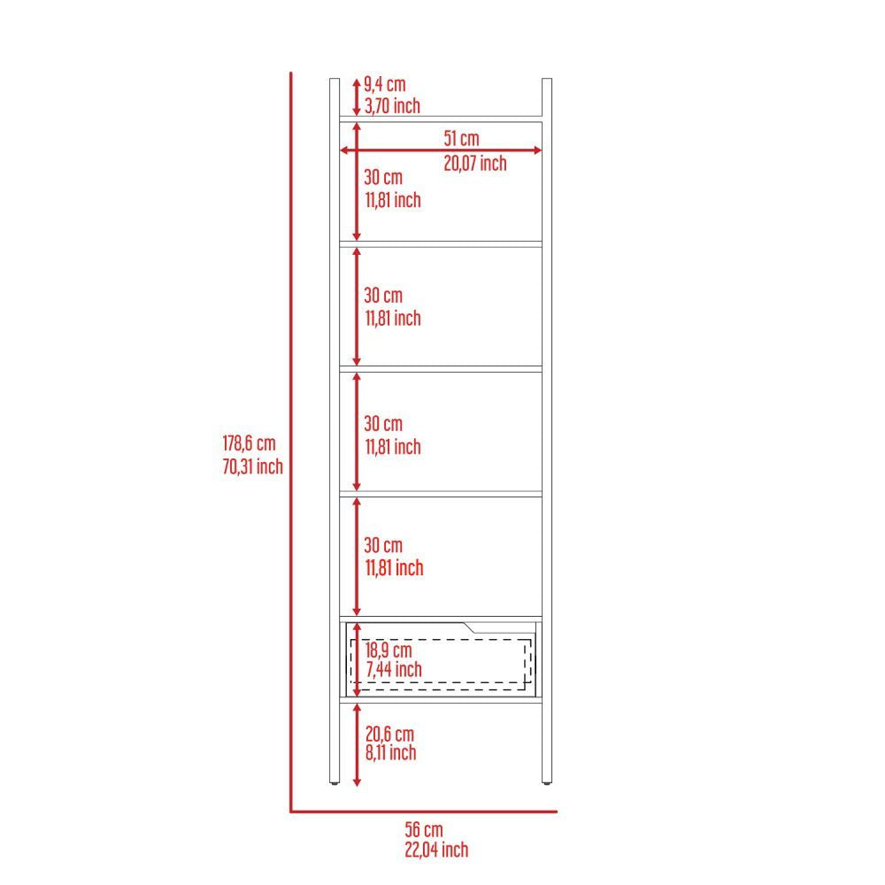 Kobe Ladder Bookcase with Five Open Shelves and Drawer