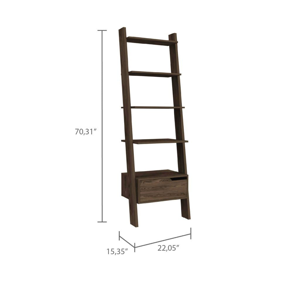 Kobe Ladder Bookcase with Five Open Shelves and Drawer