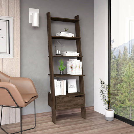 Kobe Ladder Bookcase with Five Open Shelves and Drawer