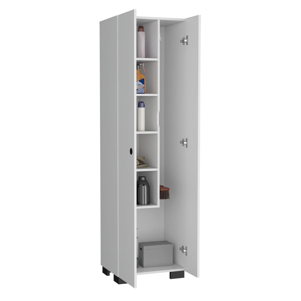 Slim Storage Cabinet with Broom Hangers for Organized Home