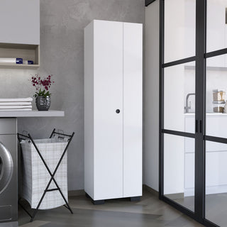 Slim Storage Cabinet with Broom Hangers for Organized Home