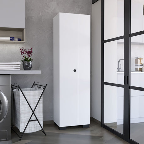 Slim Storage Cabinet with Broom Hangers for Organized Home