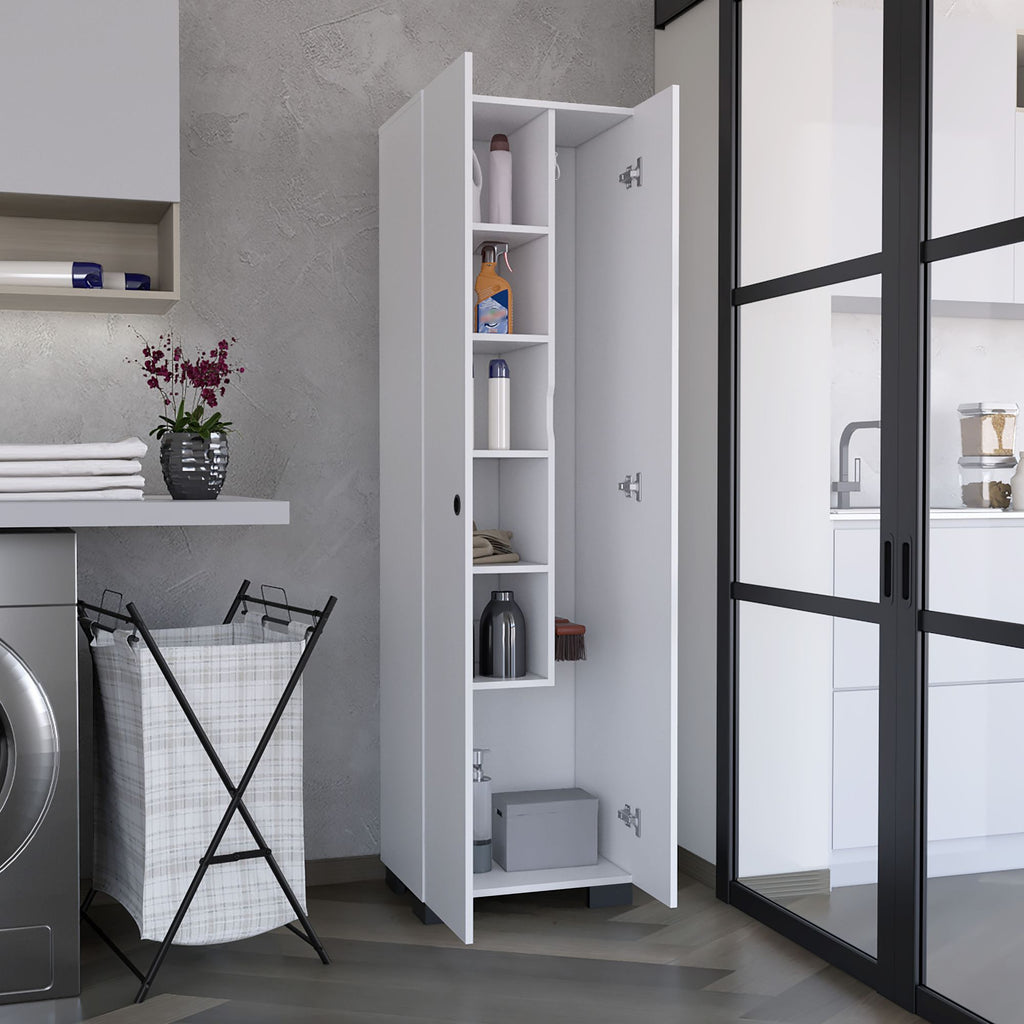 Slim Storage Cabinet with Broom Hangers for Organized Home