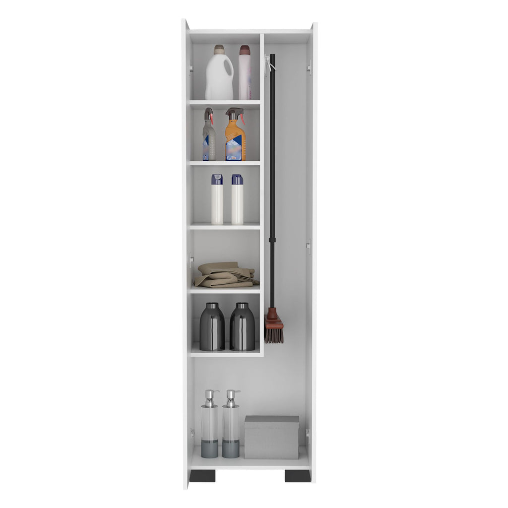 Slim Storage Cabinet with Broom Hangers for Organized Home