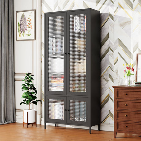 Large Display Cabinet with 4 Waffle-Grid Doors and Adjustable Shelves