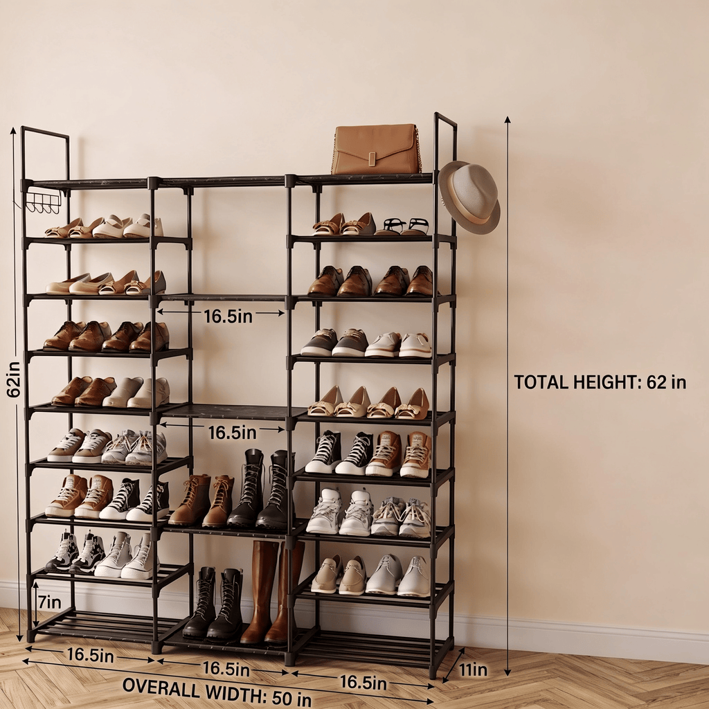 Spacious Shoe Organizer Tower with Boot Column and Side Hooks